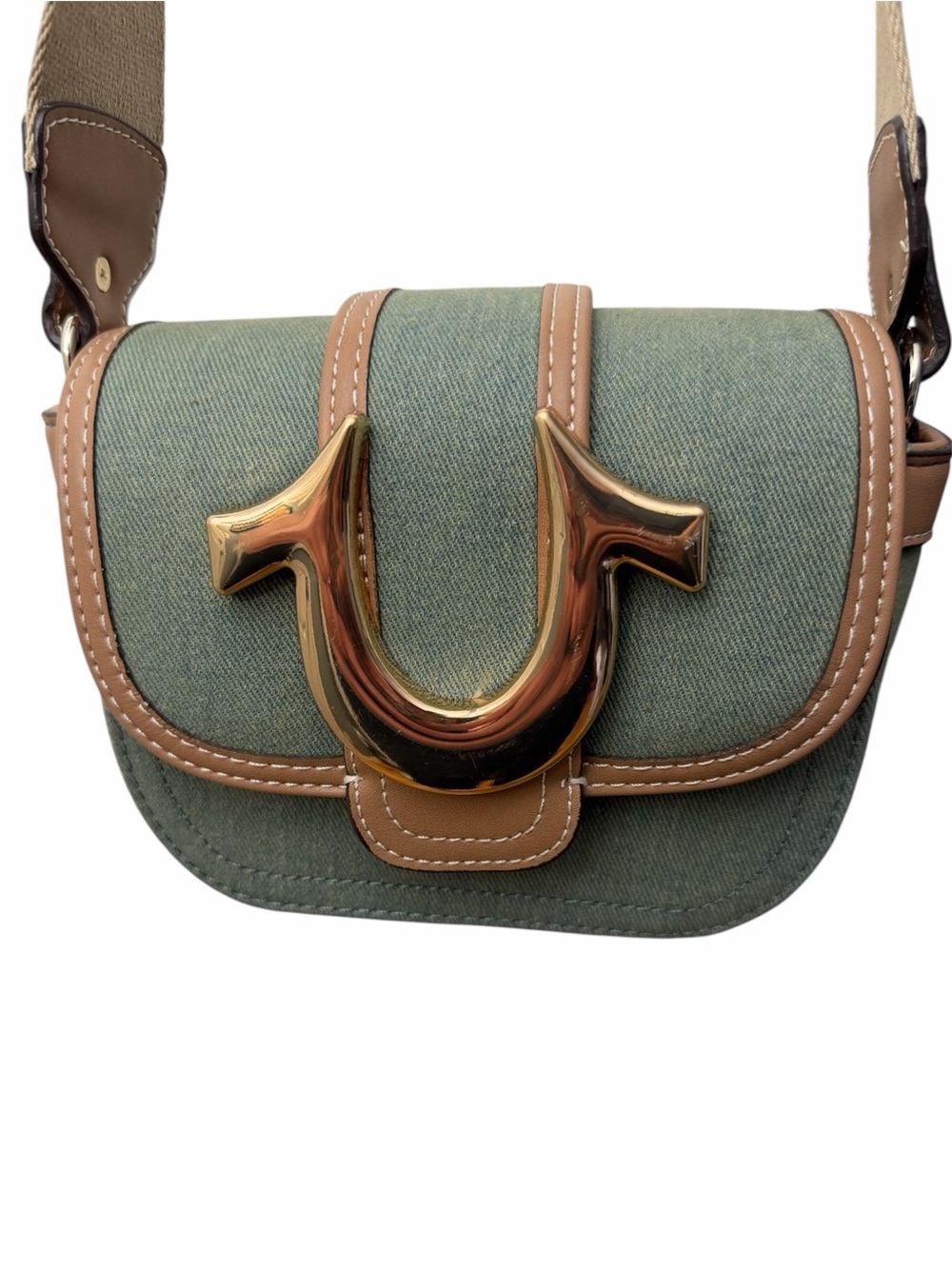 True Religion green canvas and leather trim crossbody adjustable bag Very clean